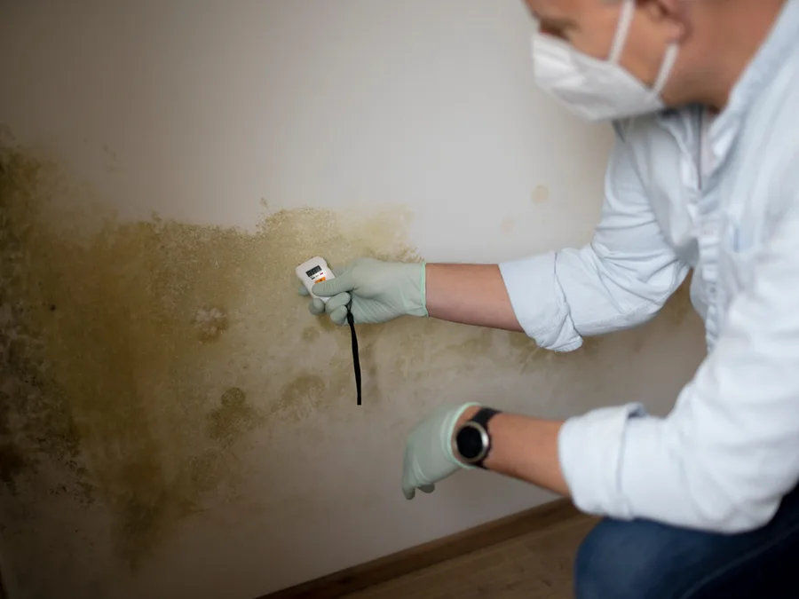 Fachmann prüft Feuchtigkeit und Schimmel an einer Wand